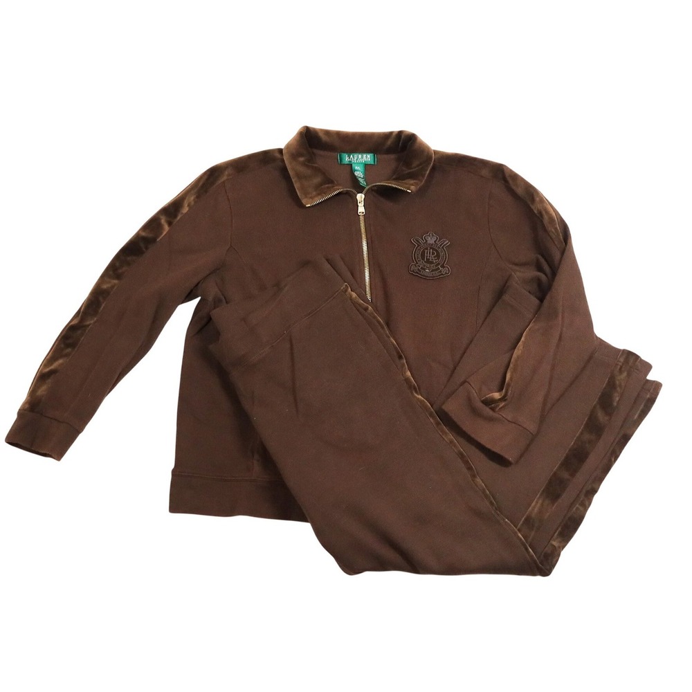 Lauren Ralph Lauren Crest Tracksuit Womens PL PM Brown Velvet Activewear Set Y2K